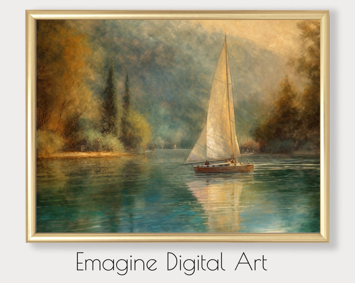 Impressionist Summer Lake Sailboat Soft Pastel Landscape Painting Poster