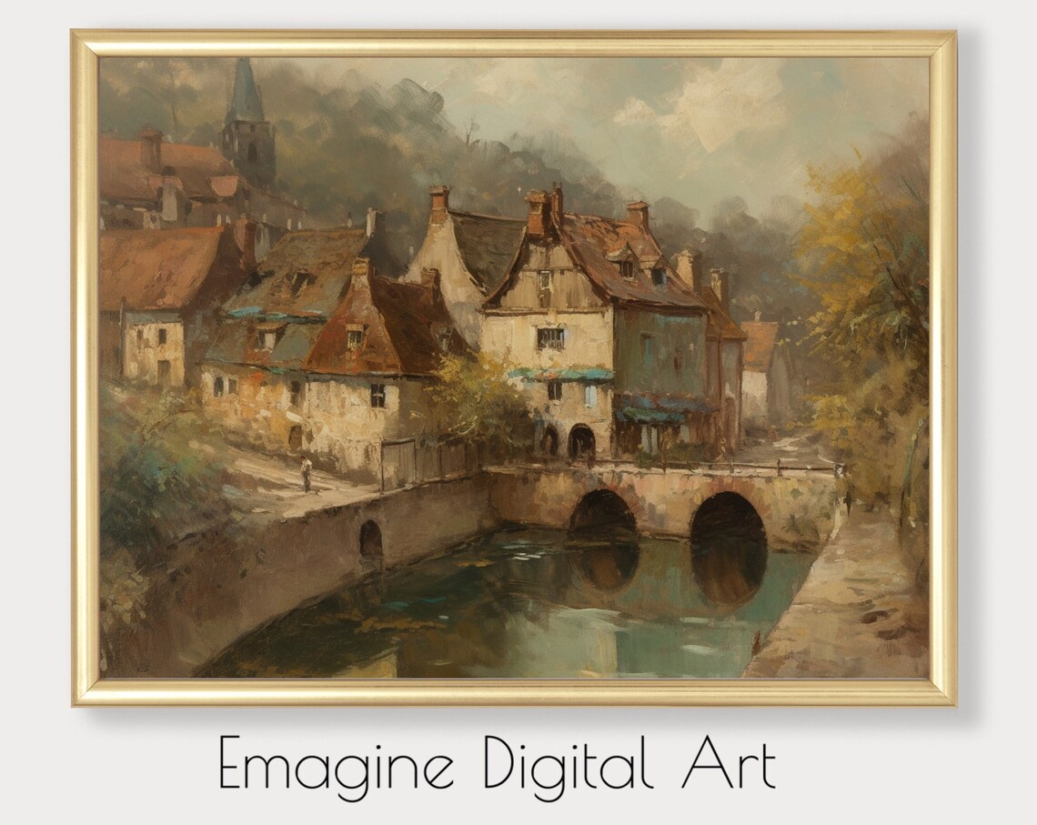 European Village by the River Old Stone Houses Oil Style Wall Art