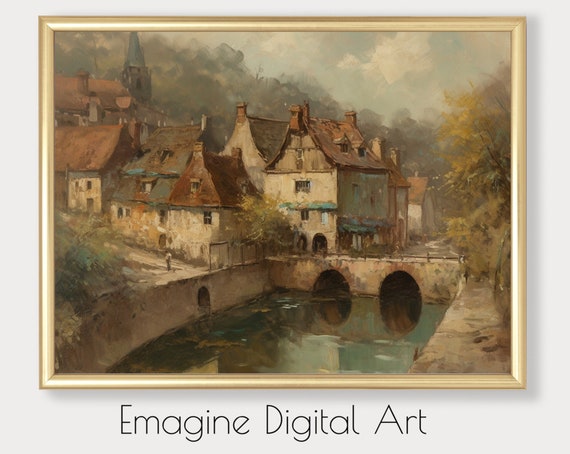 Art 19th Century European Village With Canal And Bridge Vintage Landscape Instantly Print Frame Ls15