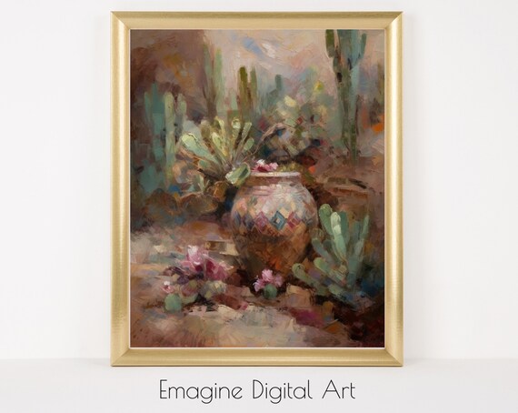 Desert Cactus Garden Pottery Still Life Southwestern Painting Poster