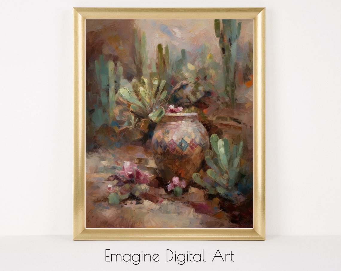 Desert Cactus Garden Pottery Still Life Southwestern Painting Poster