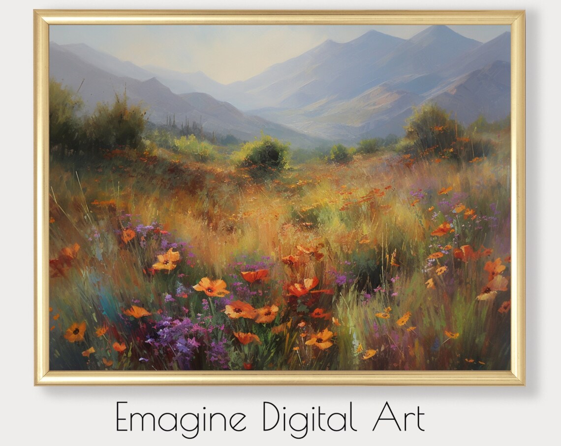 Vintage Wildflower Meadow Mountains Orange Poppies Field Poster