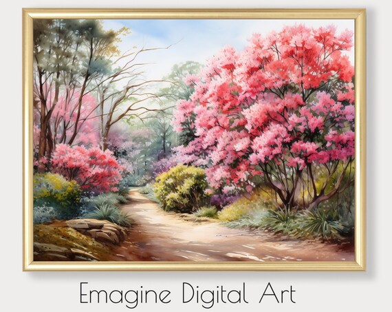 Spring Floral Blossom Garden Path Pink Flowering Trees Painting Poster