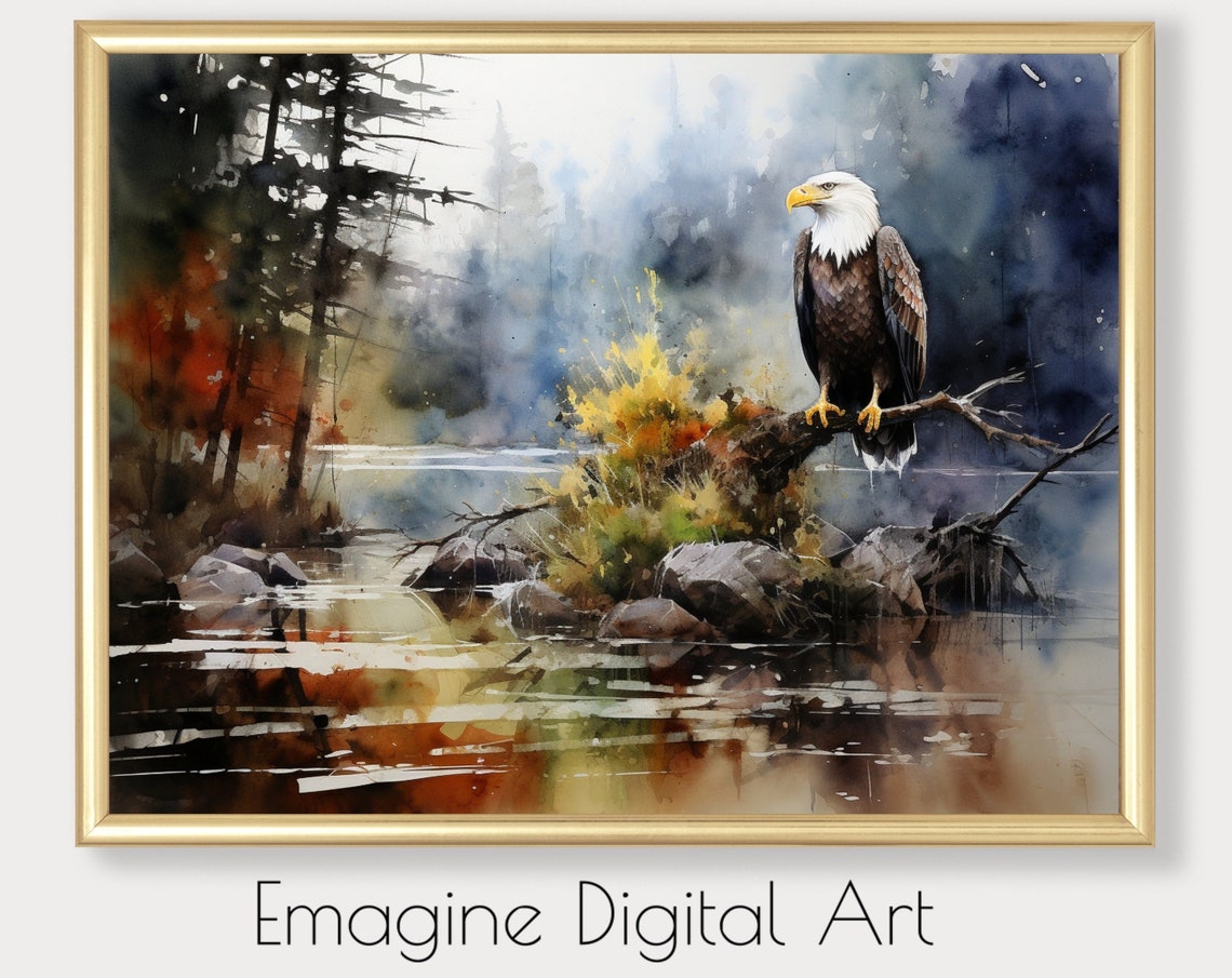 Bald Eagle Watercolor Misty Lake Pine Forest Wildlife Wall Art