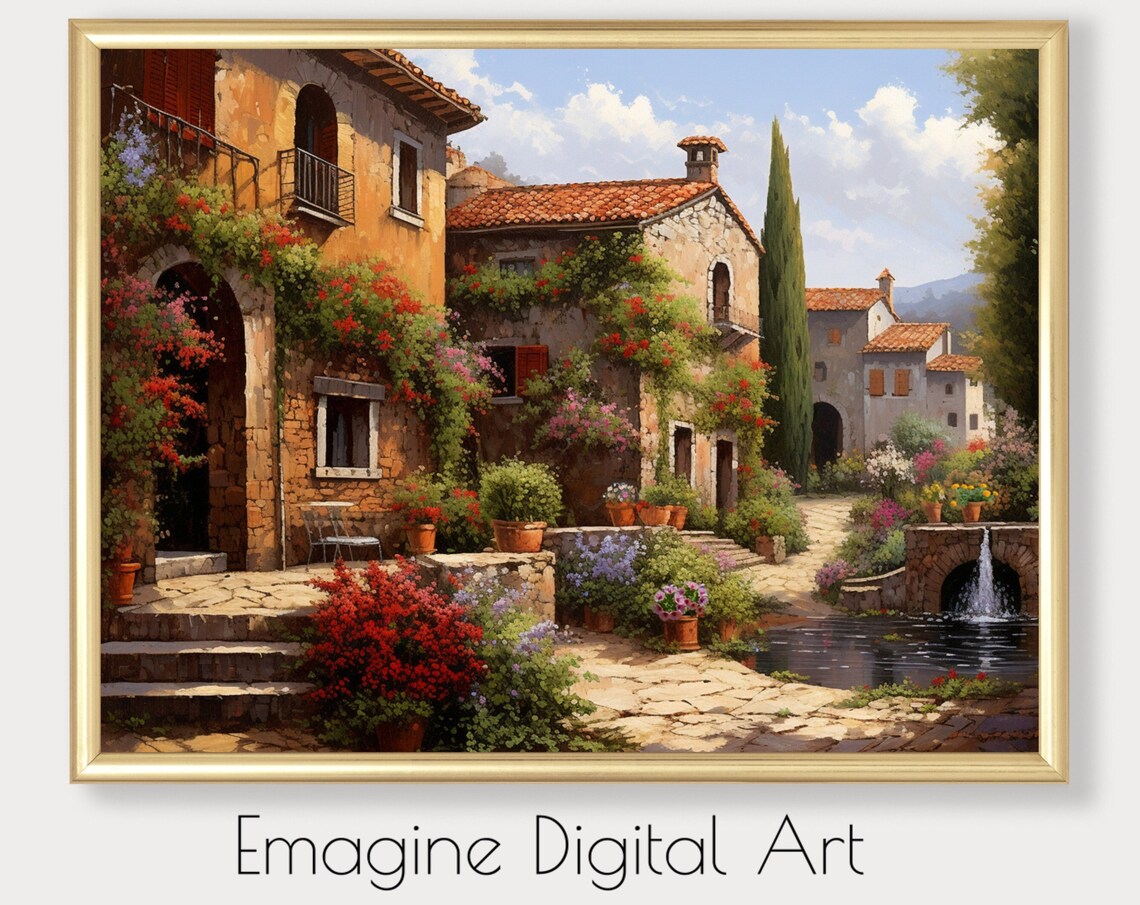 Picturesque Italian Village Painting Vintage European Cottage Poster
