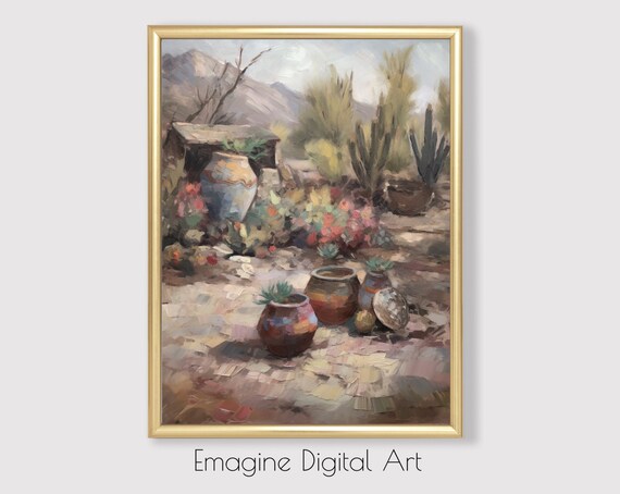 Sunlit Desert Garden Clay Pots Cactus Impressionist Style Poster