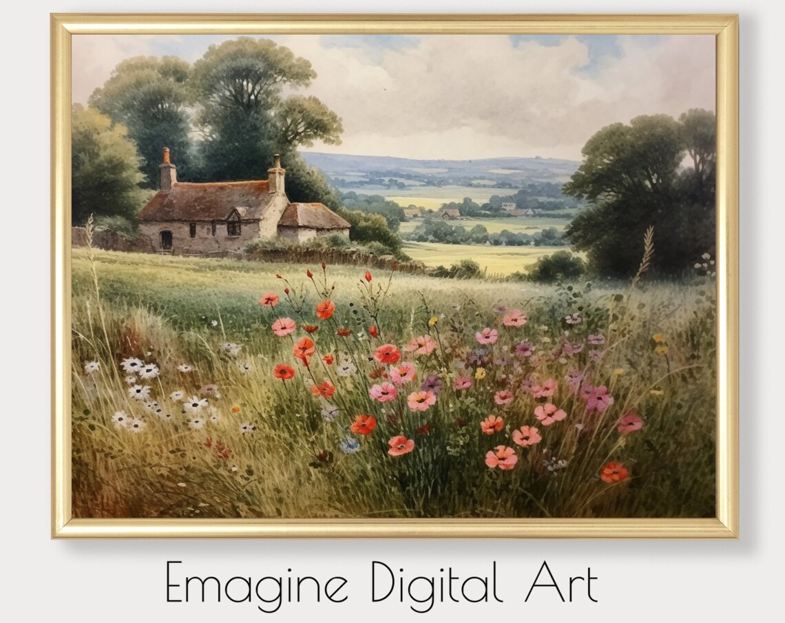 Vintage Landscape With Cottage Wildflowers Art Print