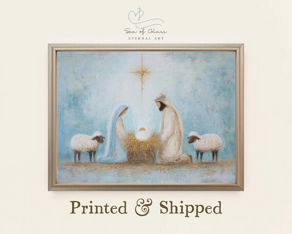 Rustic Blue and Gold Nativity Scene with Star Christmas Poster