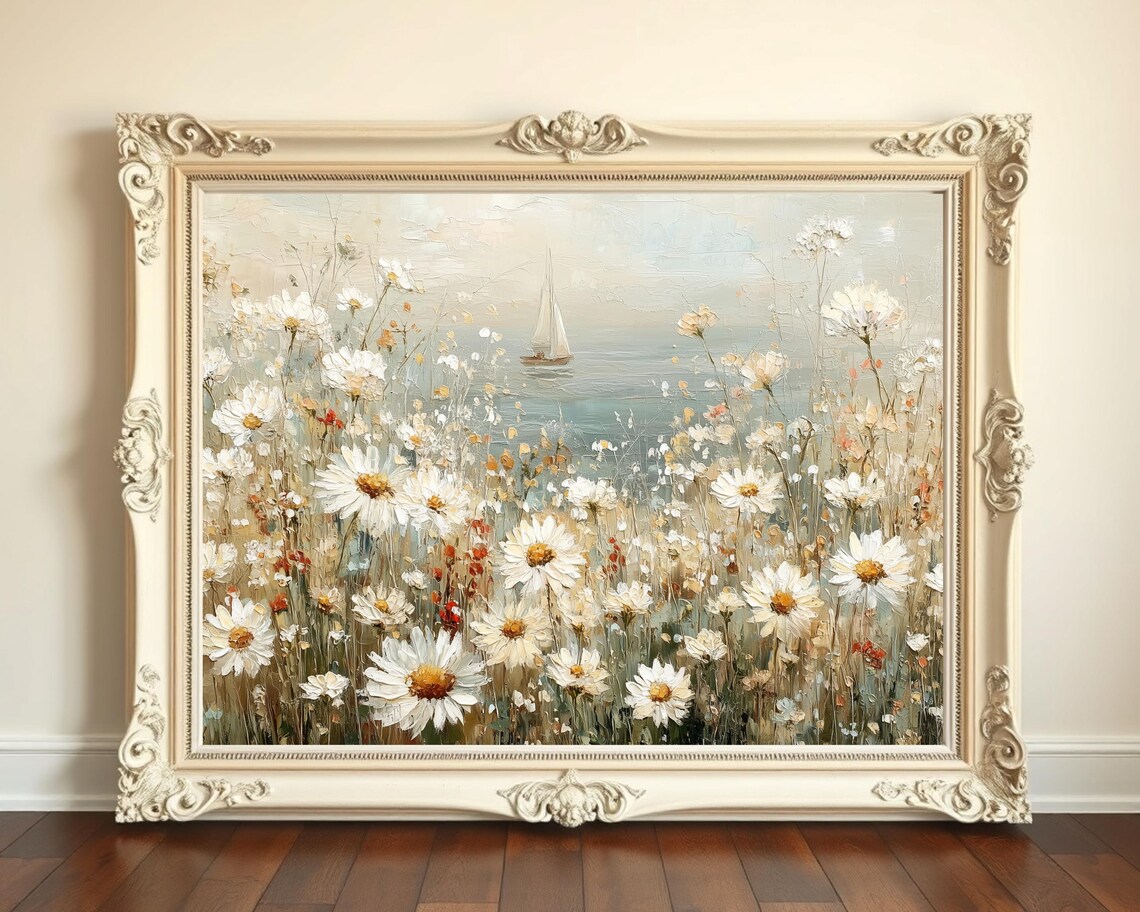 Beach Daisies Oil Painting Sailboat Coastal Cottage White Floral Poster