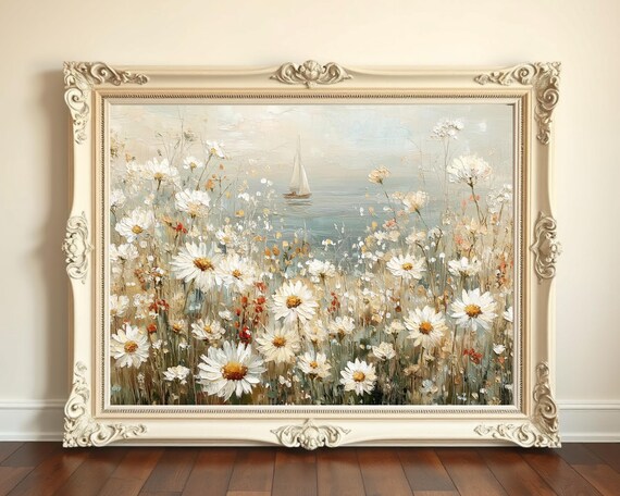 Beach Daisies Oil Painting Sailboat Coastal Cottage White Floral Poster