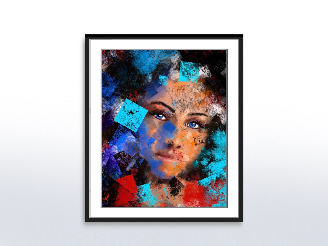 Abstract Womans Face Blue Red Geometric Grunge Fragments Poster - Image 4
