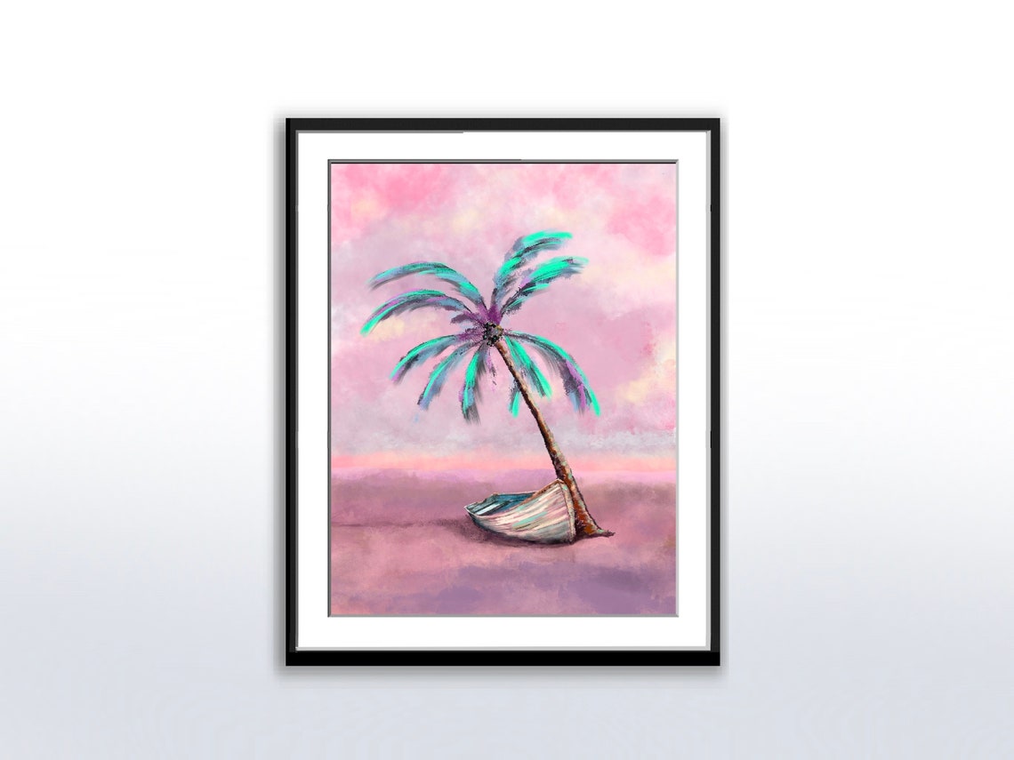 Pink Beach Palm Tree Leaning Over Boat Pastel Seascape Poster - Image 5