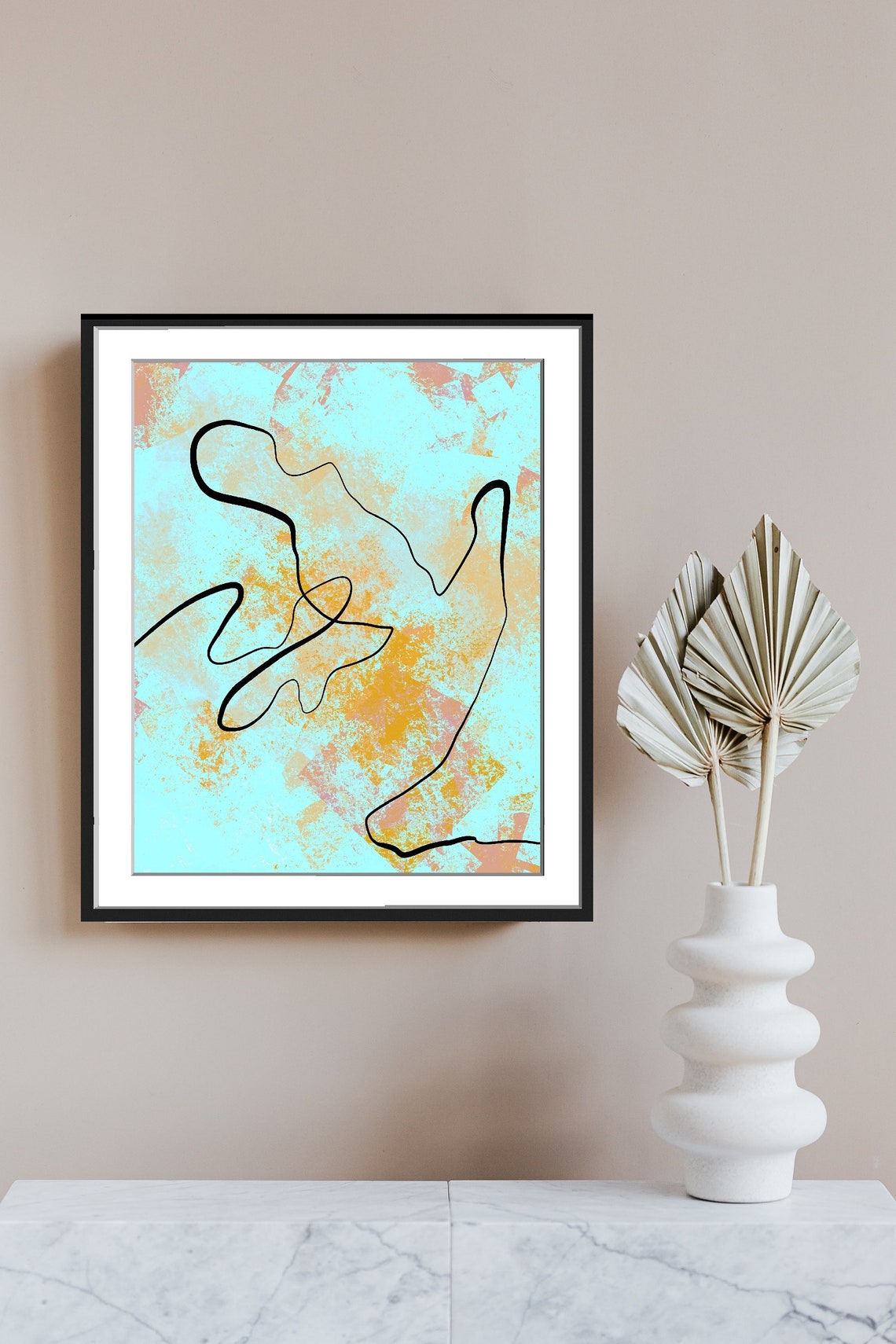 Minimalist Boho Line Art Black Squiggle Turquoise Gold Poster