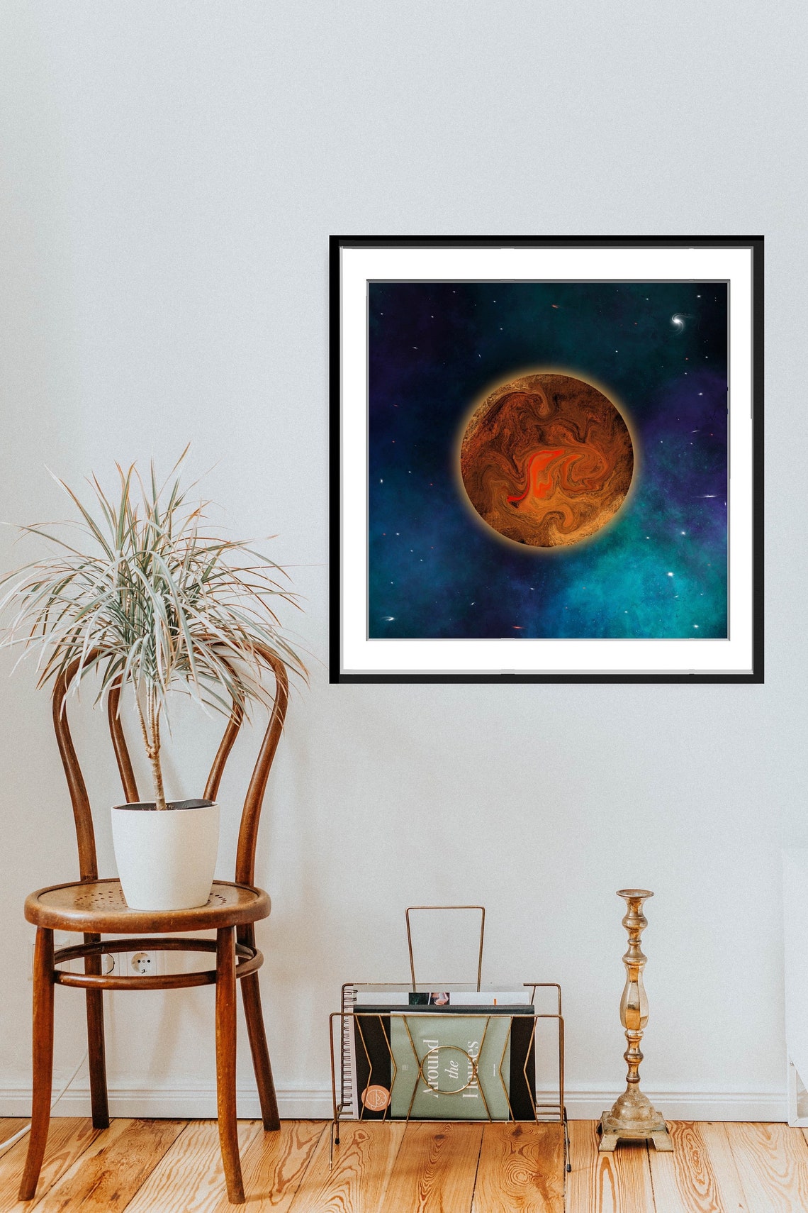 Gas Giant Planet Orange Swirls Starry Teal Nebula Space Poster - Image 2