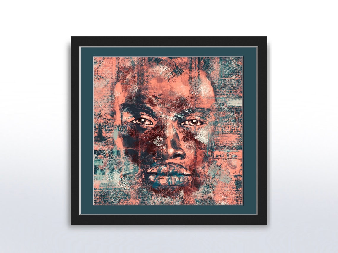 Abstract Mans Face Coral Teal Grunge Texture Portrait Poster