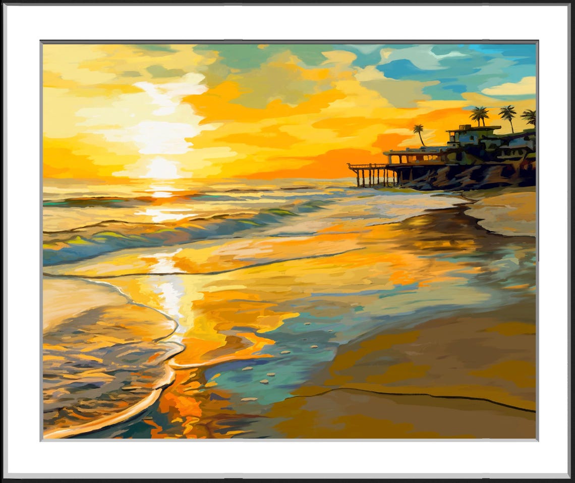 Golden Sunset Beach Pier Palms Ocean Reflections Seascape Poster - Image 5