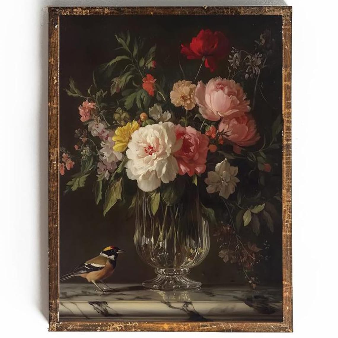 Vintage Floral Still Life With Glass Vase and Small Finch Bird Poster