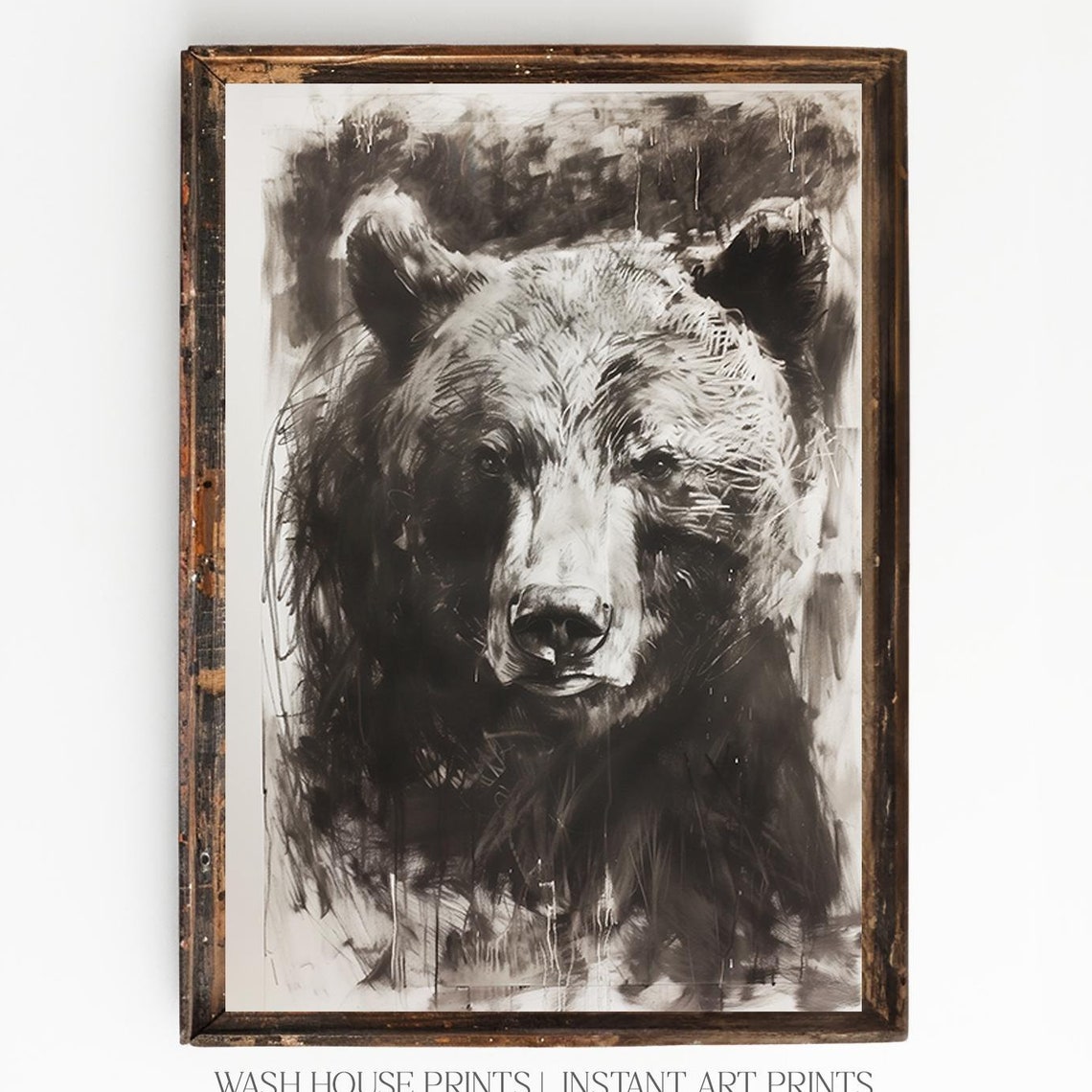 Black Bear Portrait In Charcoal Sketch Rustic Cabin Art Print