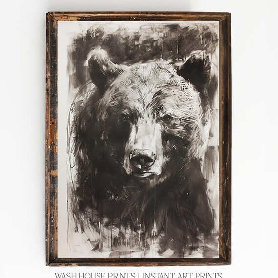 Black Bear Portrait In Charcoal Sketch Rustic Cabin Art Print