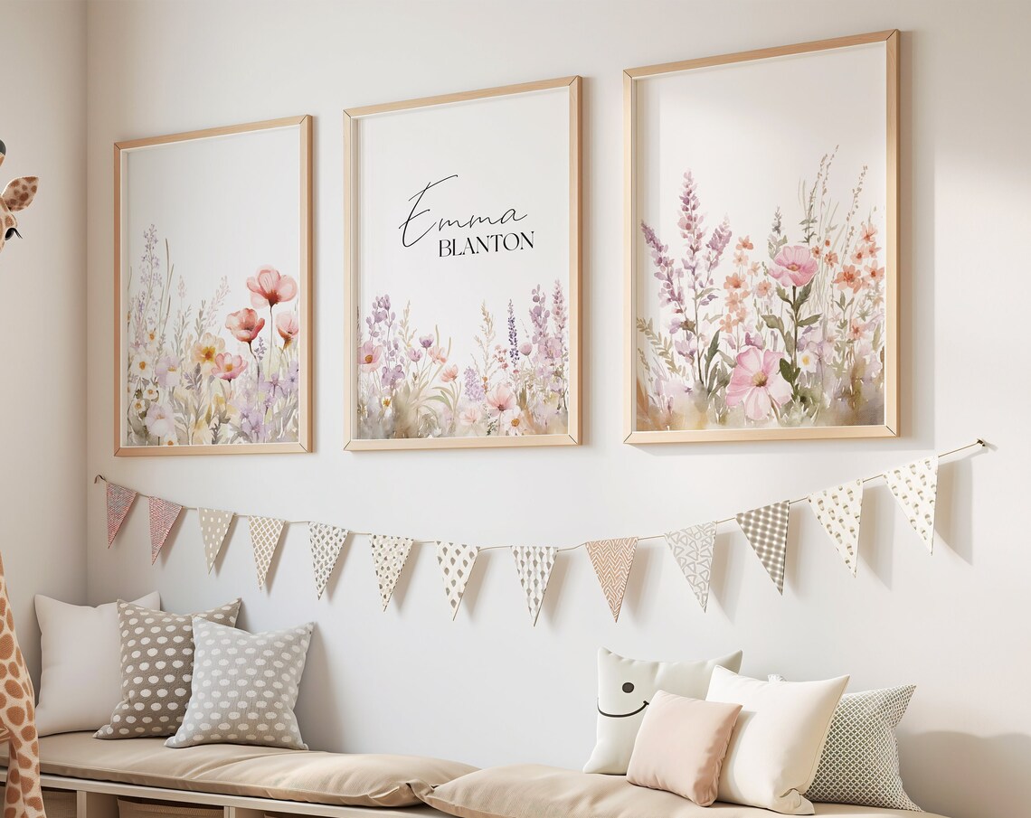 Custom Baby Name Boho Wildflowers Nursery Art Print