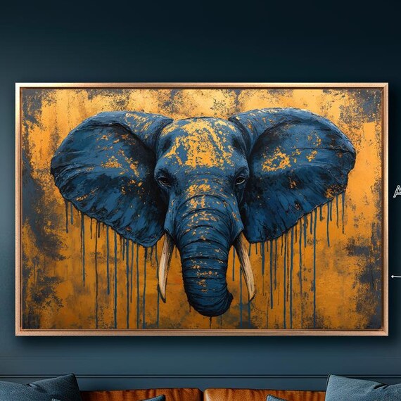 Blue And Gold Elephant Portrait Abstract Wildlife Artistic Wall Art Print