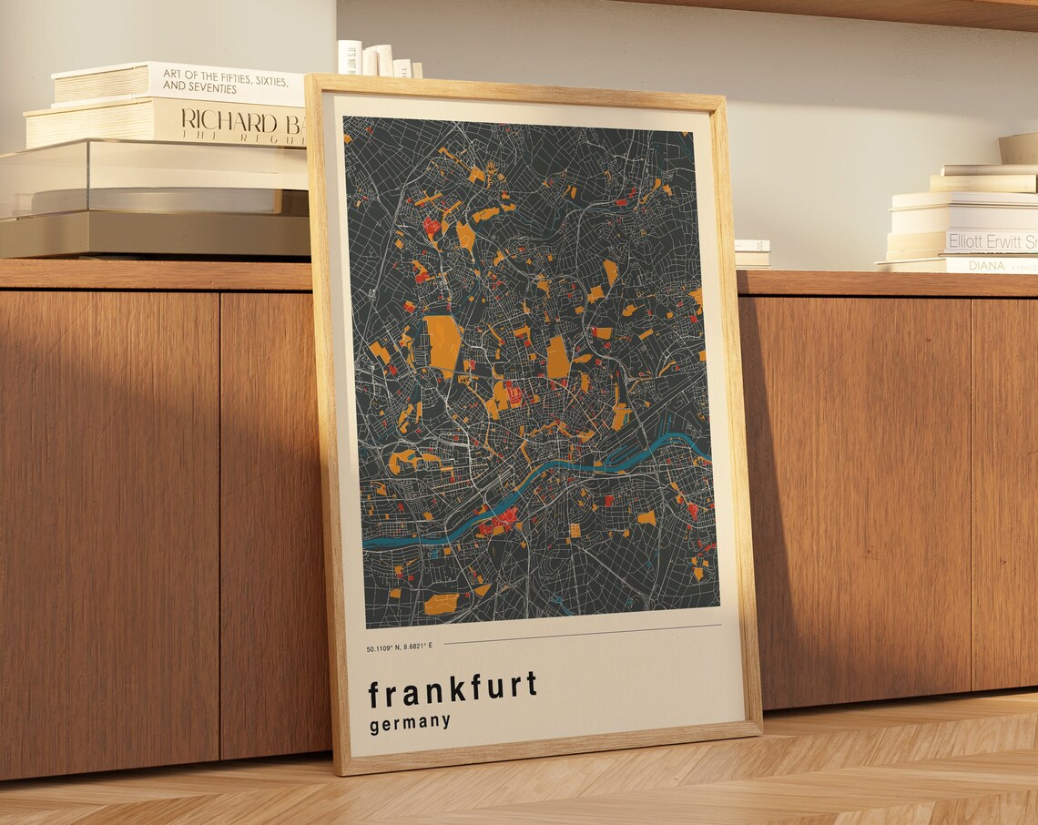 Frankfurt Germany Retro Dark Charcoal City Map Travel Poster - Image 3