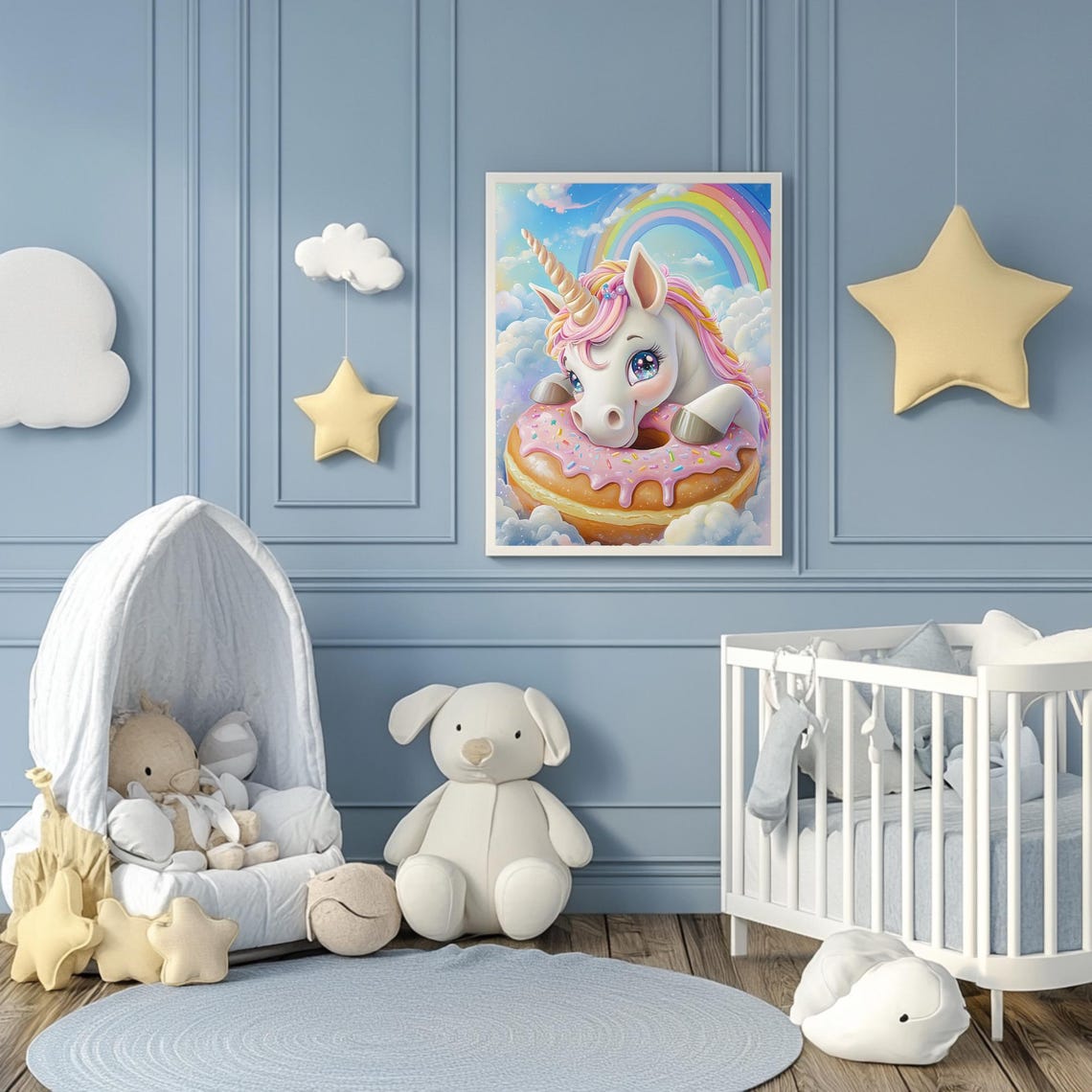 Cute Unicorn Biting Pink Sprinkle Donut Rainbow Clouds Fantasy Poster - Image 3