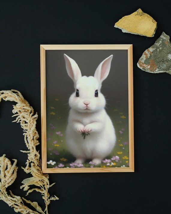 White Baby Bunny Rabbit Wildflowers Garden Cute Pet Nursery Wall Poster