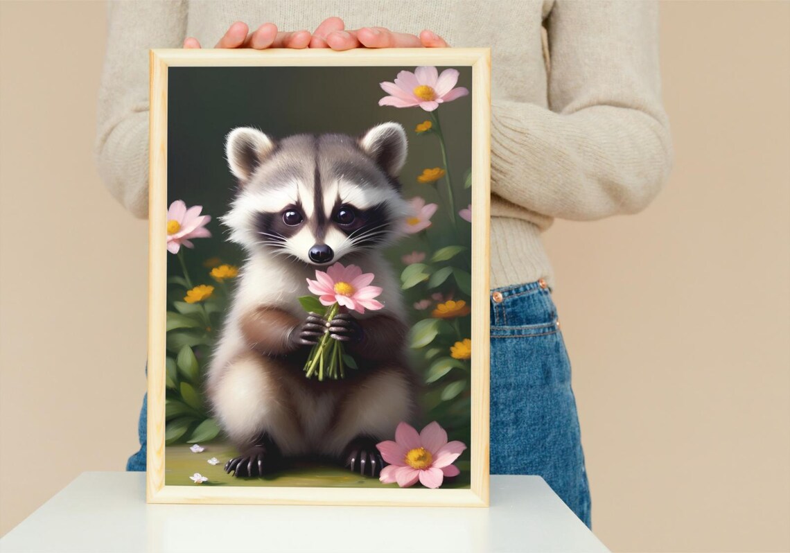 Cute Baby Raccoon Holding Pink Daisy Bouquet Flower Garden Portrait Poster - Image 5