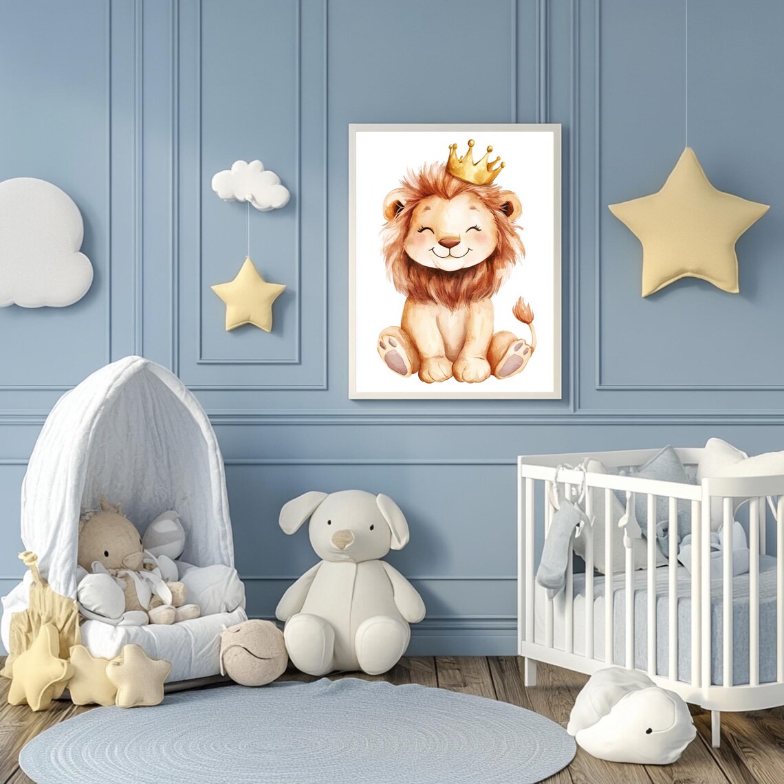 Smiling Baby Lion Wearing a Golden Crown Watercolor Nursery Poster - Image 3