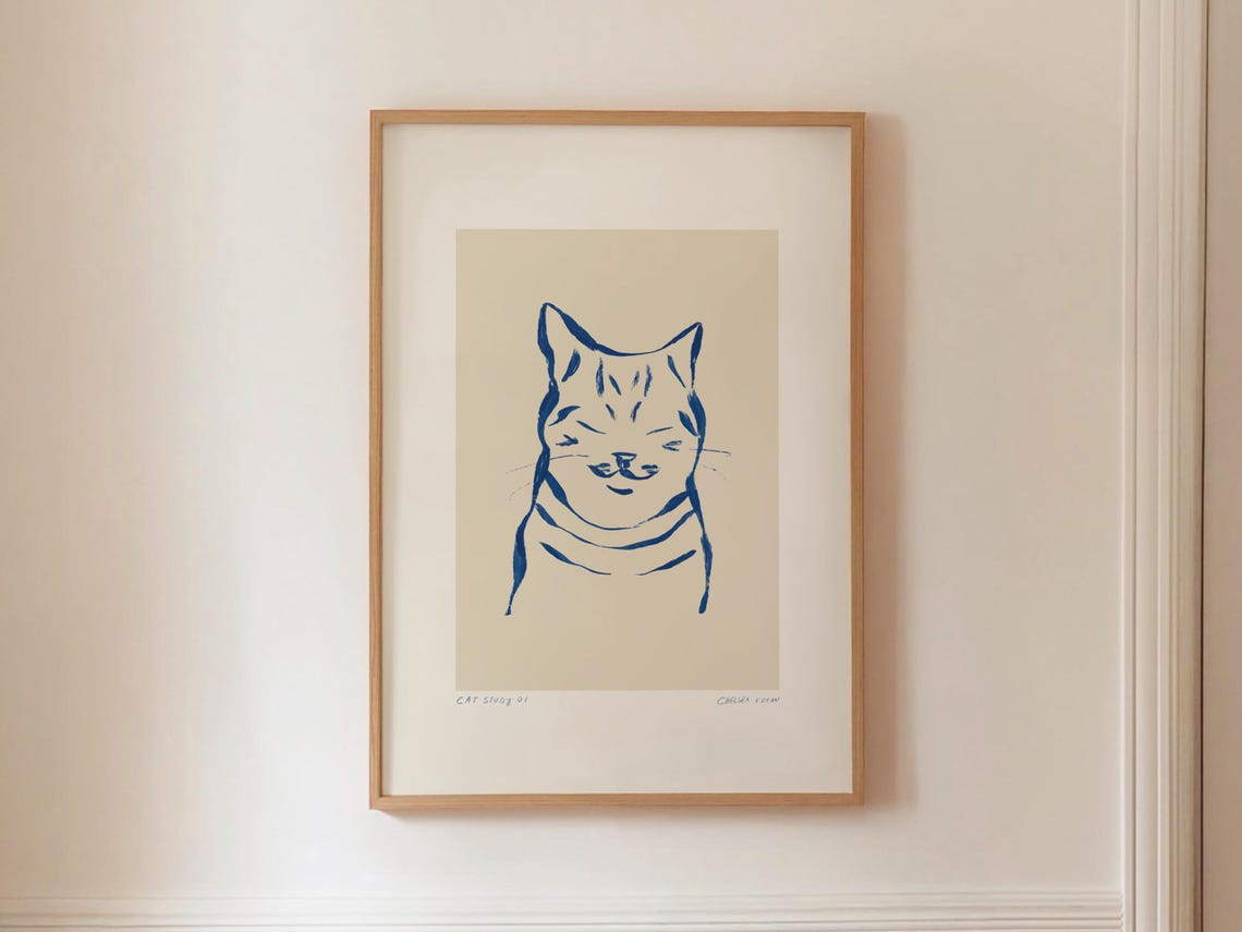 Smiling Cat Face Line Drawing Minimalist Blue Feline Sketch Poster