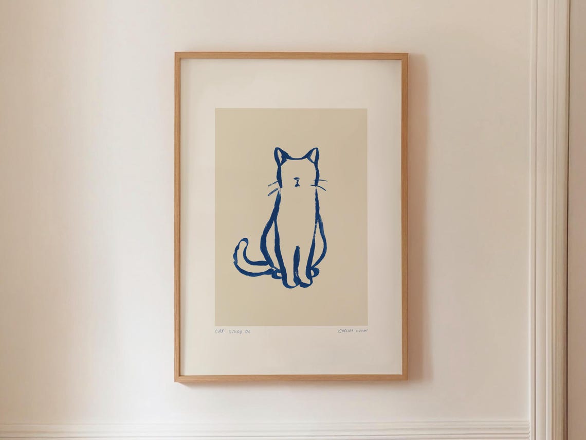 Abstract Cat Print Minimalist Blue Animal Sketch Modern Printable Wall Art Neutral Gallery Painting Hand Drawn Fine Scandi Decor