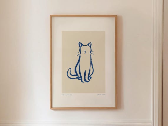 Abstract Cat Print Minimalist Blue Animal Sketch Modern Printable Wall Art Neutral Gallery Painting Hand Drawn Fine Scandi Decor