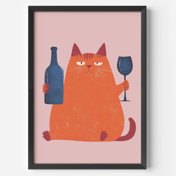 Living Room Wall Art Funny Cat Colorful Poster For Wine Fans Orange Illustration On Dusty Pink Background Modern Decoration Kitchen Bar