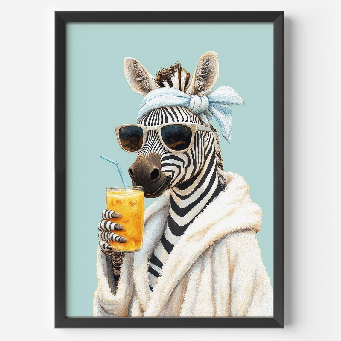 Zebra In Sunglasses Bathrobe With Orange Juice Funny Animal Poster