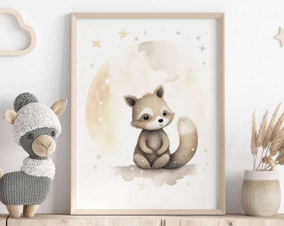 Watercolor Raccoon Illustration, Nordic Nursery Decor Art Print