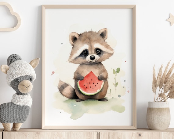 Cute Baby Raccoon Holding Watermelon Watercolor Nursery Kids Room Decor Poster