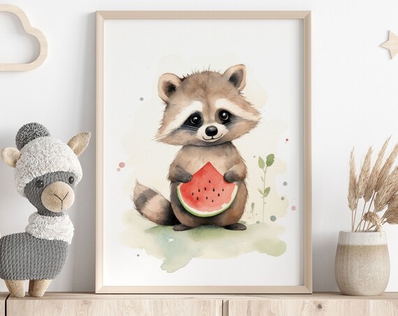 Nursery Decor Watercolor Cute Raccoon Poster Animal Illustration For Baby Room Pastel Colors Wall Art Gift