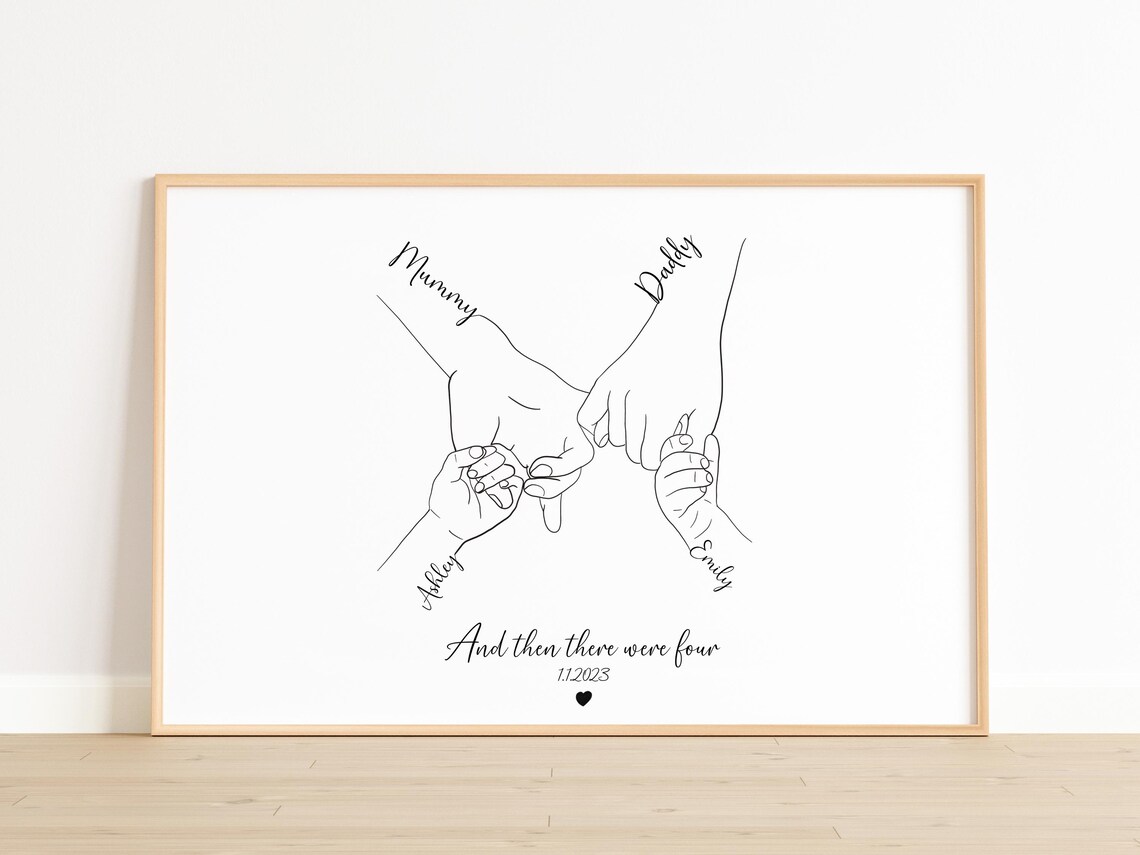 And Then There Were Four New Baby Line Art Hands Family Print