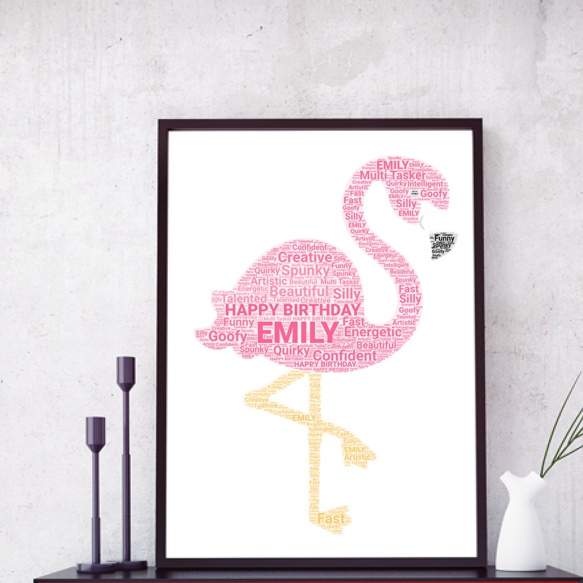 Personalised Flamingo Print Custom Word Wall Art Birthday Mothers Day Gifts For Her Women Girls Friend Mum Sister Daughter