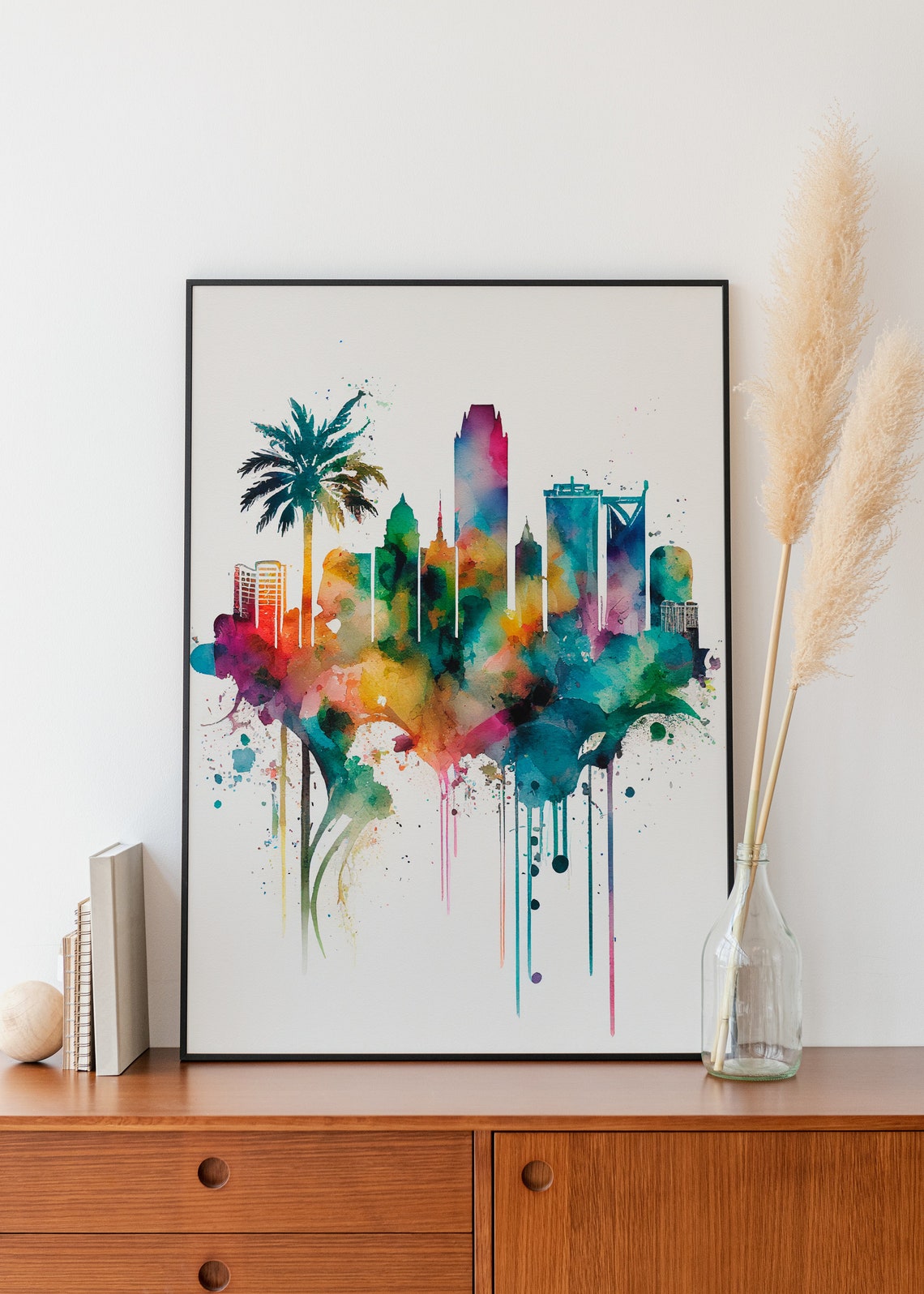 Coastal City Skyline with Palm Tree Watercolor Splash Art Poster