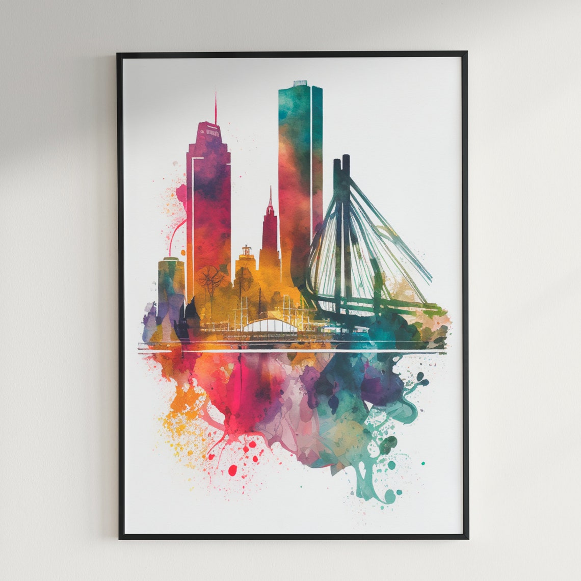 City Skyline with Cable Stayed Bridge Watercolor Splash Art Poster - Image 3