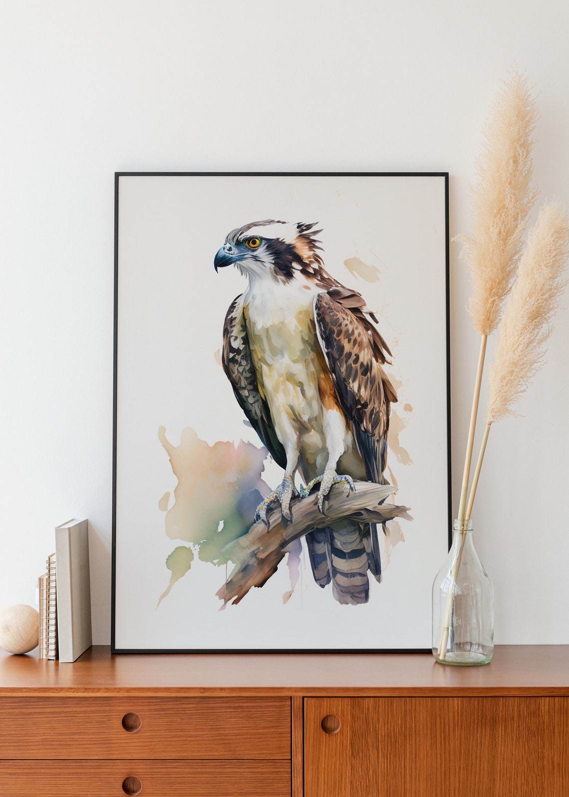 Osprey Perched on Branch Watercolor Sea Hawk Raptor Bird Wall Art