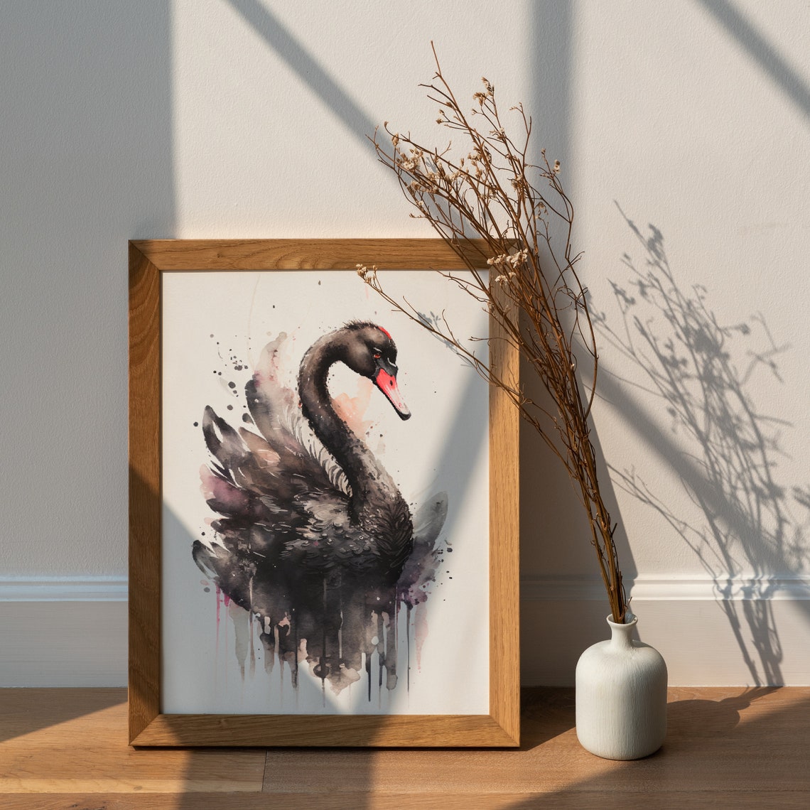 Elegant Black Swan Red Beak Watercolor Graceful Bird Wall Art - Image 3