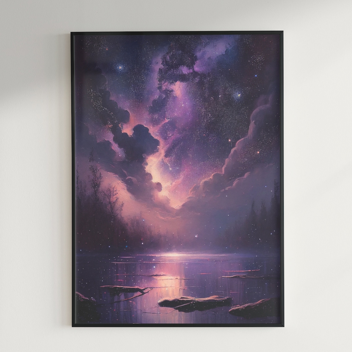 Purple Moonlit Night Sky Over Water Dreamy Painting Art Poster - Image 2