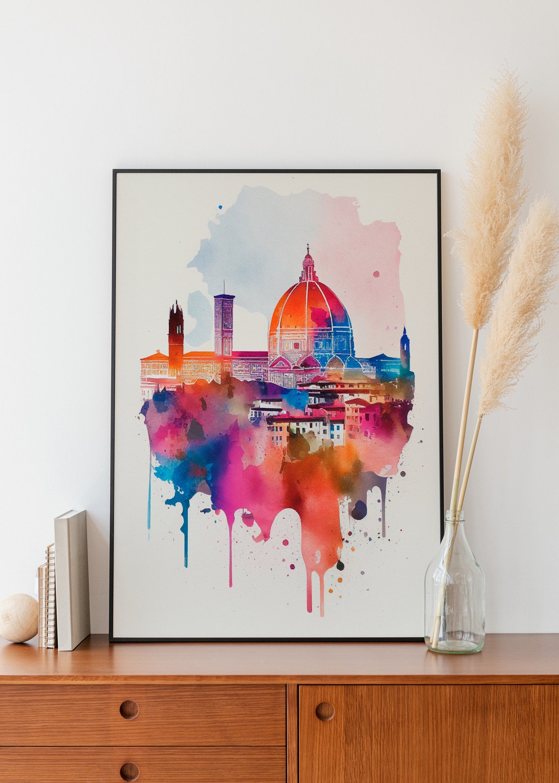 Florence Italy Watercolor Skyline with Duomo Cathedral Dome Poster