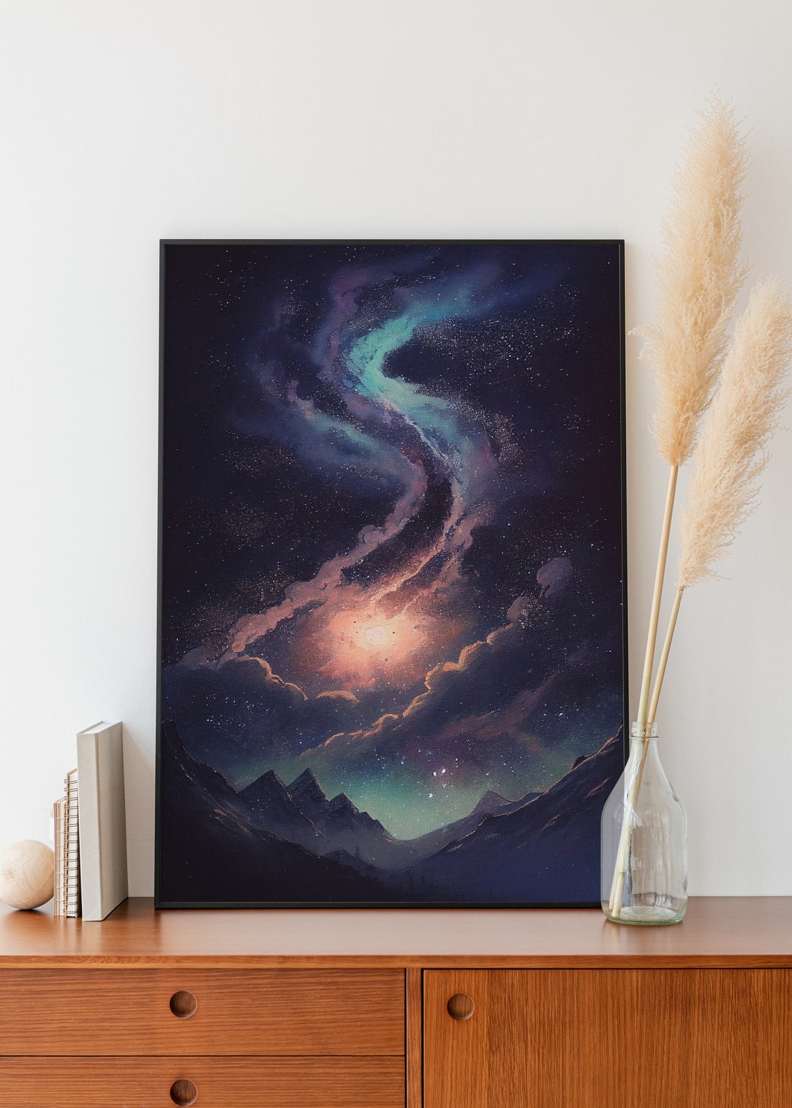 Aurora Nebula Swirls Above Dark Mountain Valley Night Poster