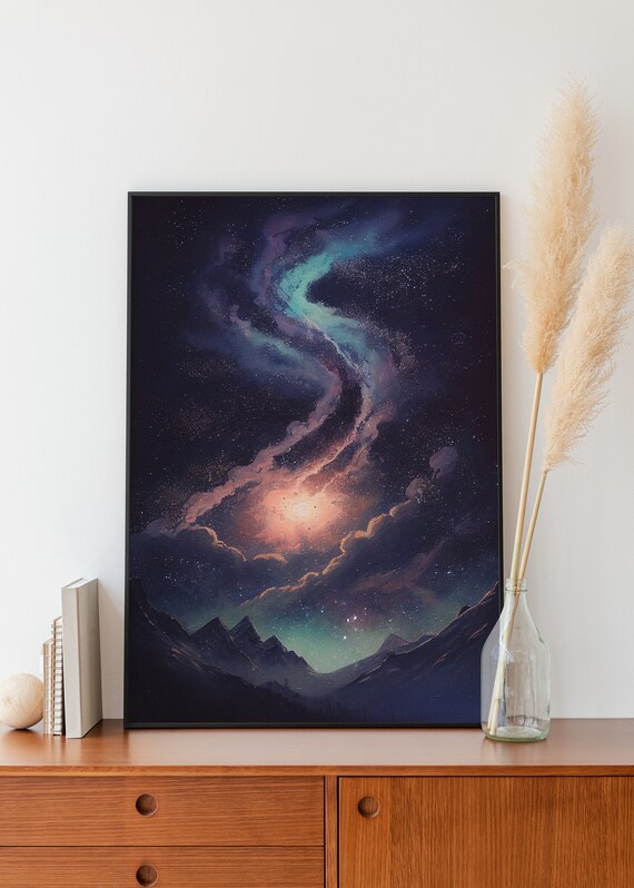 Milky Way Night Sky Landscape Painting Mountain Backdrop Blue Orange Oil Painting Vintage Wall Art