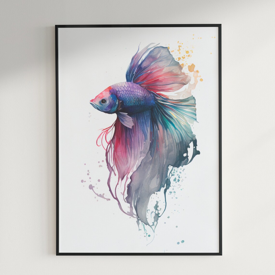 Rainbow Betta Fish Flowing Fins Watercolor Tropical Aquarium Wall Art - Image 2