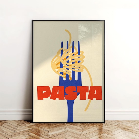 Retro Pasta Kitchen Wall Art with Blue Fork and Spaghetti Illustration